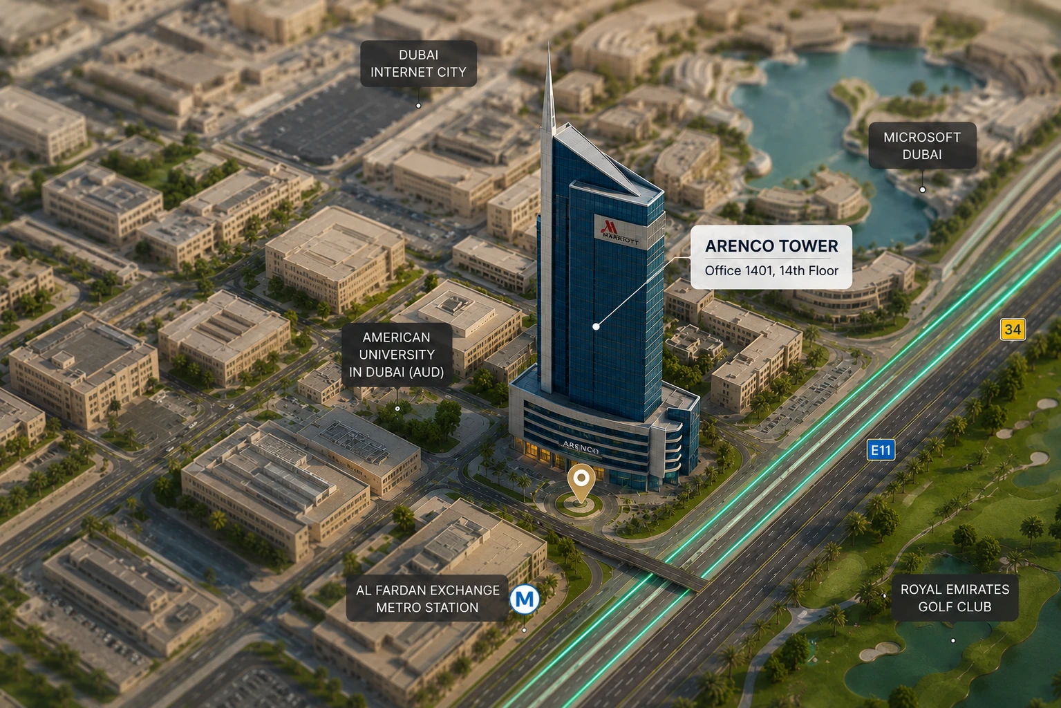 Arenco Tower, Office 1401, 14th Floor — Dubai Media City, next to Dubai Internet City and the E11